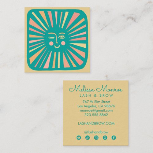 Glowing Sun Cute Charming Gold Teal Social Icons Square Business Card