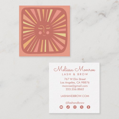 Glowing Sun Cute Charming Pink Social Media Icons Square Business Card
