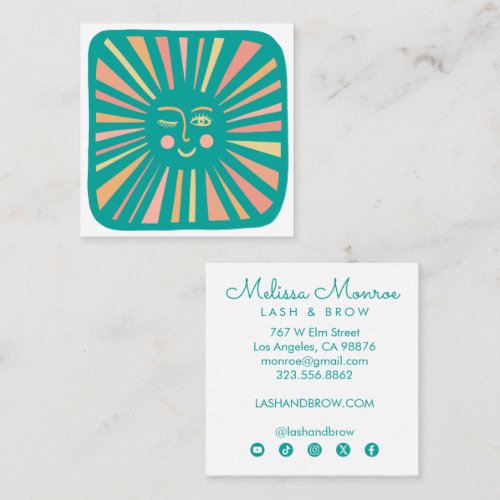 Glowing Sun Cute Charming Teal Social Media Icons Square Business Card