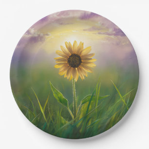 Glowing Sunflower In Grassy Field Paper Plates