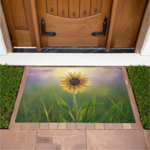 Glowing Sunflower In Green Meadow Doormat