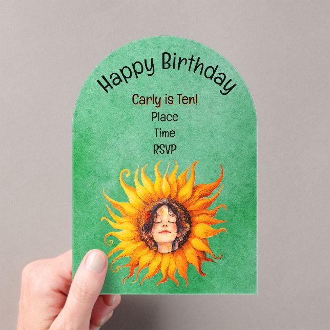 Glowing Sunflower Young Girl Face in Center Green Acrylic Invitations (Insitu (Handheld))