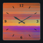 Glowing Sunrise Salty Watercolor Pop Of Color Art Square Wall Clock<br><div class="desc">Square Wall Clock, wall art decoration and home furnishing decor accessory printed with Glowing Sunrise Salty Watercolor Pop Of Color Art abstract artwork design image by The Fabric Seal print on demand shop at Zazzle #ZazzleMade https://www.zazzle.com/store/thefabricseal 🎨 Stylish American West meets Boho Chic modern contemporary artistic style art with a...</div>