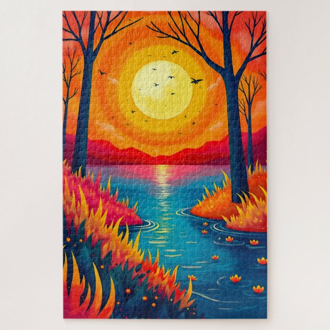 Glowing Sunset River Vibrant Nature Painting Jigsaw Puzzle (Vertical)