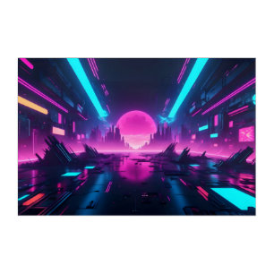 Glowing Synthwave Cyberpunk Skyline Abstract Acrylic Print