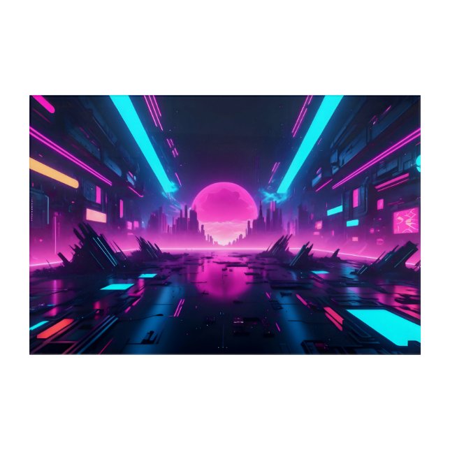 Glowing Synthwave Cyberpunk Skyline Abstract Acrylic Print (Front)