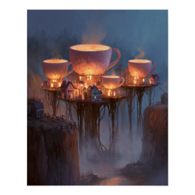 Glowing Teacup Towers Above Misty Cliffs Poster (Front)