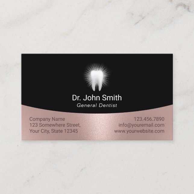 Glowing Tooth Black & Rose Gold Dental Appointment Card (Front)