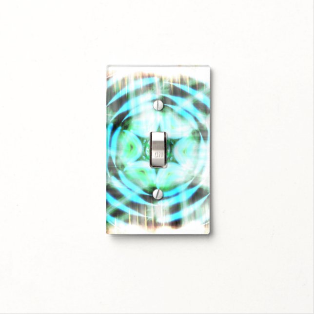 Glowing Turquoise Wheel On Black Abstract Light Switch Cover (In Situ)