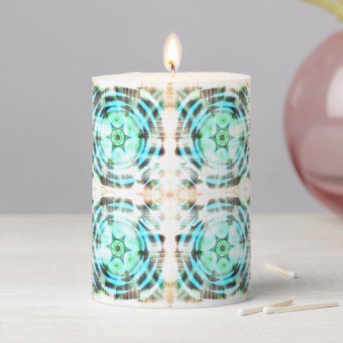 Glowing Turquoise Wheel On Black Abstract Pattern  Pillar Candle