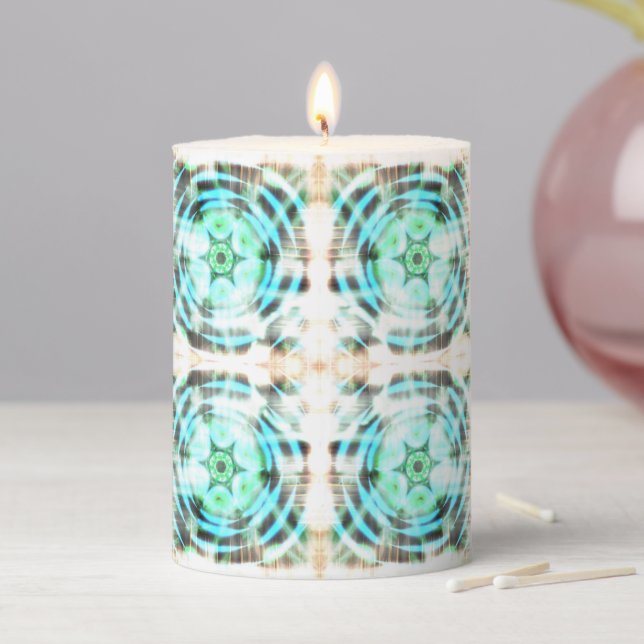 Glowing Turquoise Wheel On Black Abstract Pattern  Pillar Candle (In Situ)