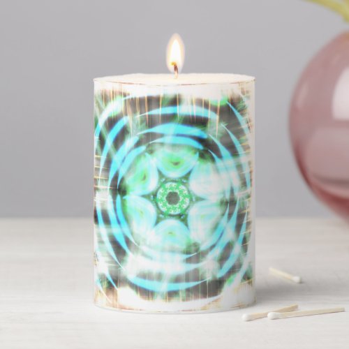 Glowing Turquoise Wheel On Black Abstract  Pillar Candle