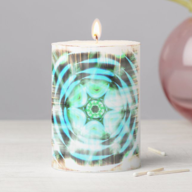 Glowing Turquoise Wheel On Black Abstract  Pillar Candle (In Situ)
