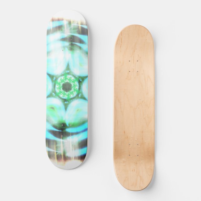 Glowing Turquoise Wheel On Black Abstract Skateboard (Front)