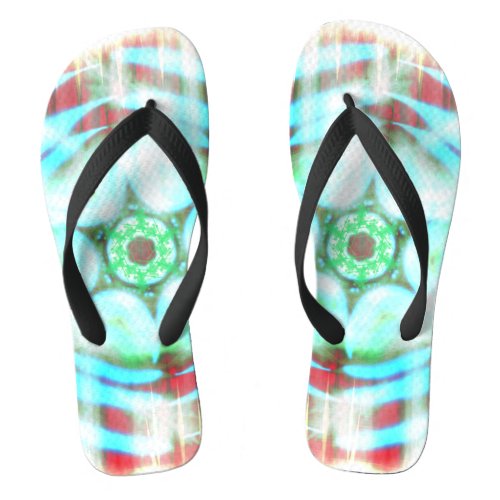 Glowing Turquoise Wheel On Red Abstract Flip Flops
