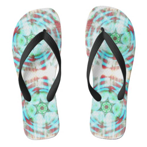 Glowing Turquoise Wheel On Red Abstract Pattern Flip Flops