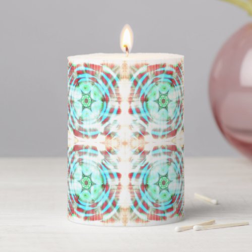 Glowing Turquoise Wheel On Red Abstract Pattern  Pillar Candle