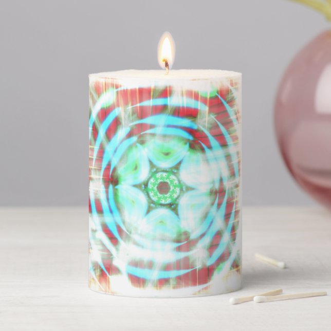 Glowing Turquoise Wheel On Red Abstract  Pillar Candle (In Situ)