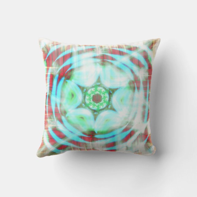 Glowing Turquoise Wheel On Red Abstract  Throw Pillow (Back)