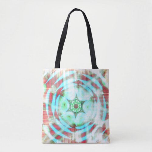 Glowing Turquoise Wheel On Red Abstract Tote Bag