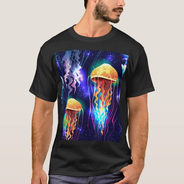 Glowing Underwater Jellyfish Horizontal Banner T-Shirt (Front)