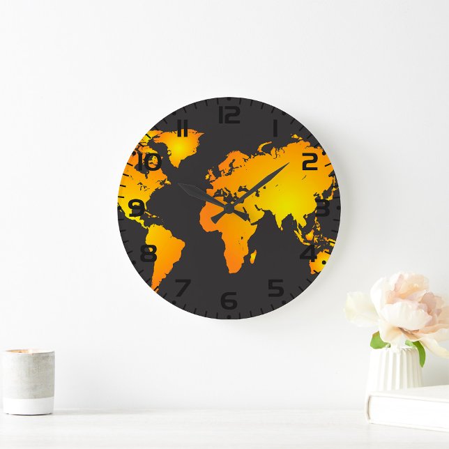 Glowing World Map in Orange and Yellow Large Clock (Creator Uploaded)