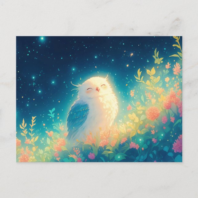 Glowy White Owl in Starry Night Meadow Postcard (Front)