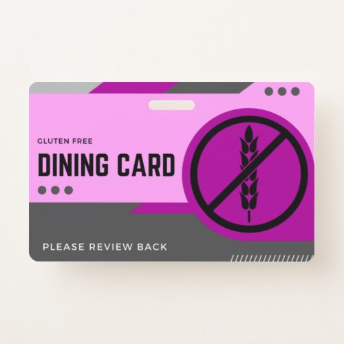 Gluten Free Dining Card  Restaurant Safety Pink Badge