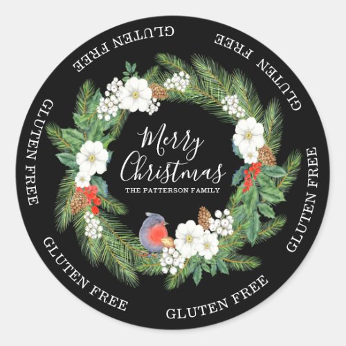 Gluten Free Merry Christmas Floral Wreath Name Classic Round Sticker