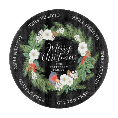Gluten Free Merry Christmas Floral Wreath Name Cutting Board