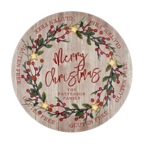 Gluten Free Merry Christmas Floral Wreath Name Cutting Board