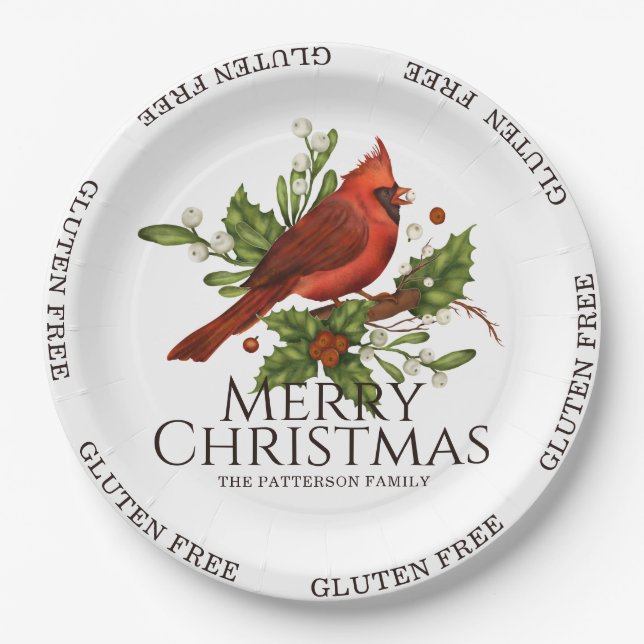 Gluten Free Merry Christmas Red Cardinal Holly Paper Plates (Front)