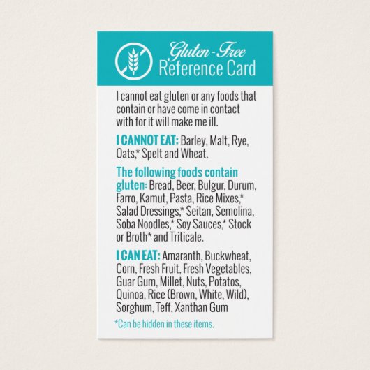Gluten-Free Reference Card (Front)