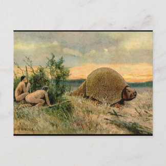Glyptodon and cave men hunting vintage picture postcard