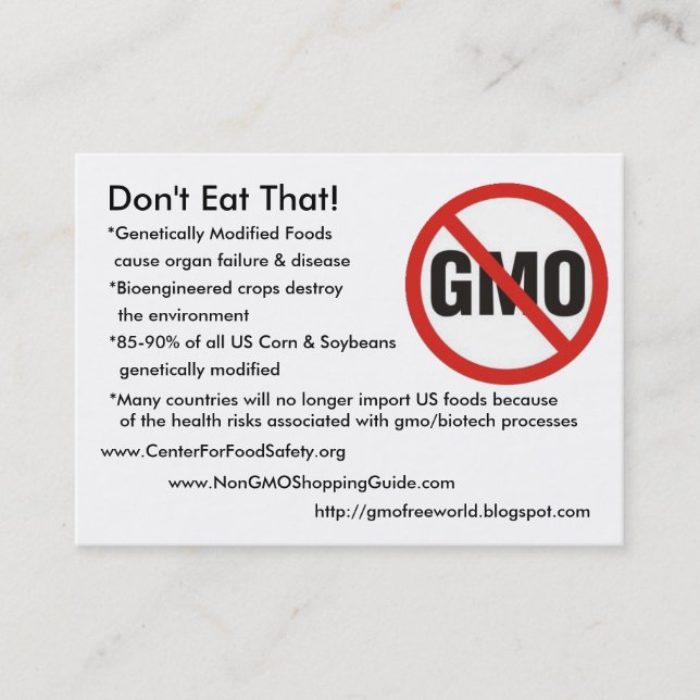 gmo-free, Don't Eat That!, *Genetically Modifie... Business Card (Front)