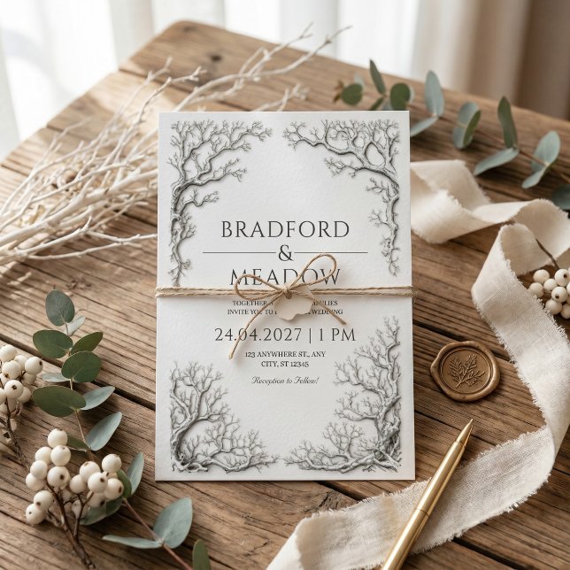 Gnarled Silver Branch Winter Gothic Border Wedding Invitation (Creator Uploaded)