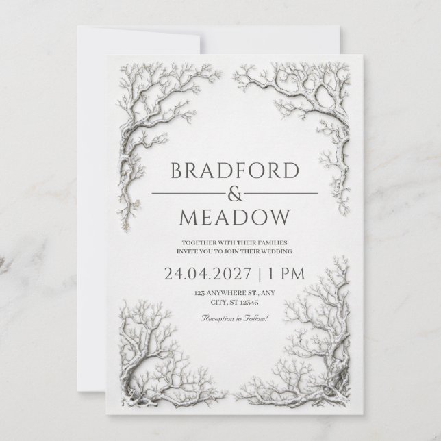 Gnarled Silver Branch Winter Gothic Border Wedding Invitation (Front)