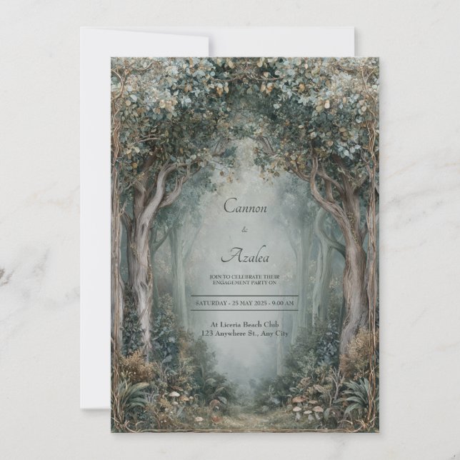 Gnarled Tree Archway Sage Green Misty Forest Invitation (Front)