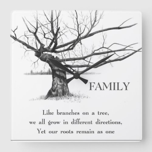 Gnarly Old Tree Quote FAMILY Pencil Art Square Wall Clock