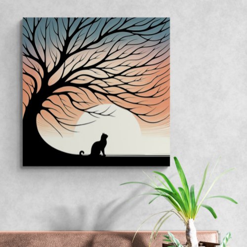 Gnarly Tree Black Cat silhouette in The Rising Sun Canvas Print
