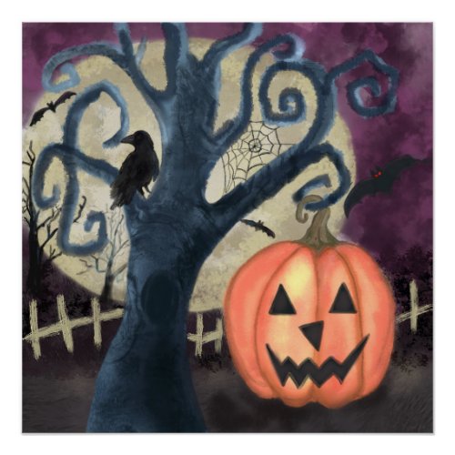 Gnarly Tree Halloween Scene Poster