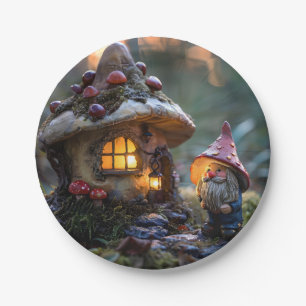 Gnome and a mushroom house, fantasy design paper plates