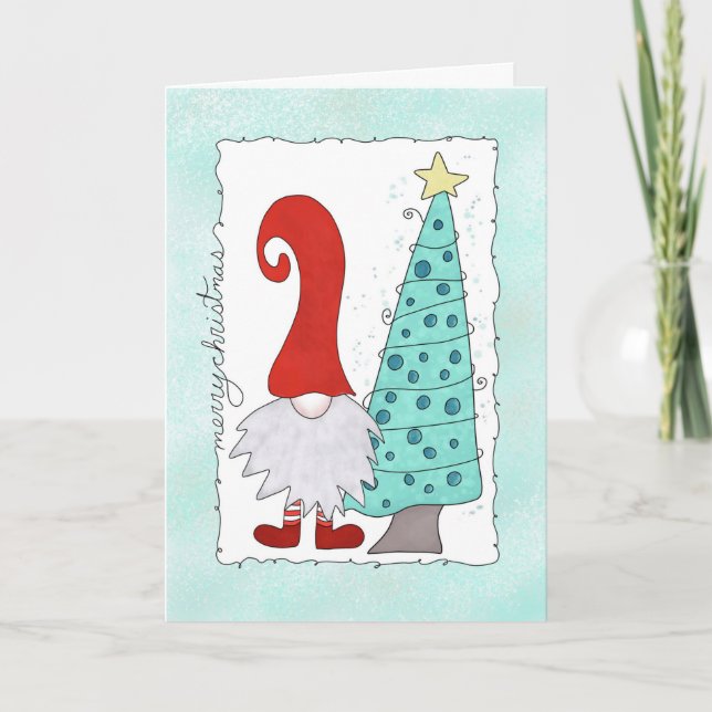 Gnome and Christmas Tree Christmas Cartoon Card (Front)