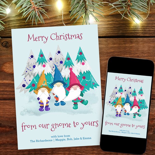 Gnome and Christmas Trees Funny Pun Holiday Card (Funny Gnome Christmas Card. Buy professionally printed or as a printable digital download.)