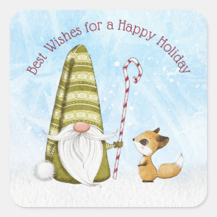Gnome and Fox Best Wishes Happy Holiday Custom Square Sticker