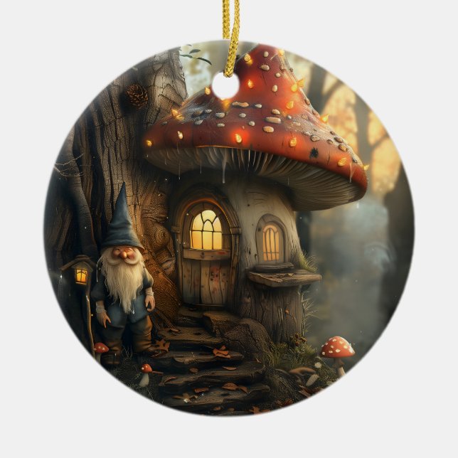 Gnome and mushroom house design ceramic ornament (Front)