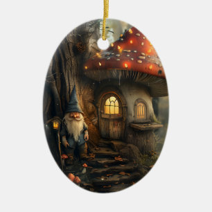 Gnome and mushroom house design ceramic ornament