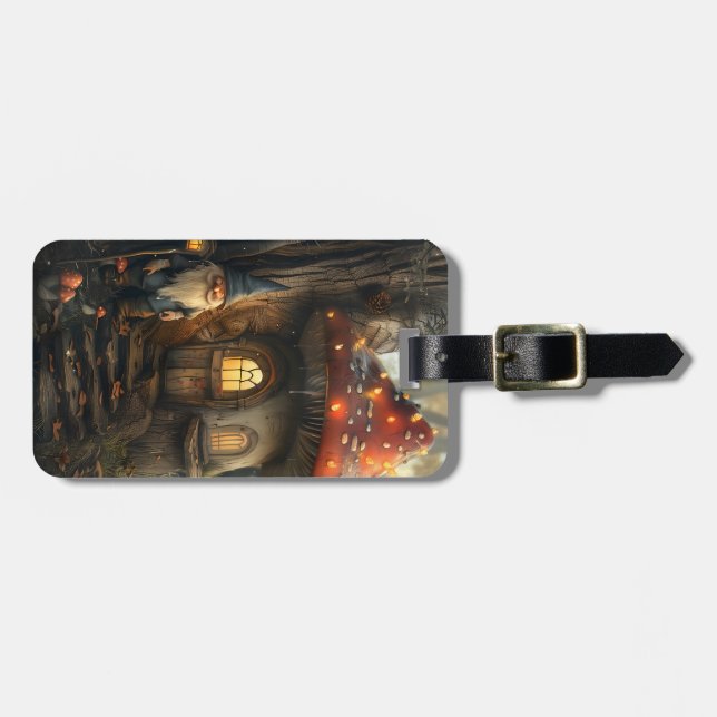 Gnome and mushroom house design luggage tag (Front Horizontal)