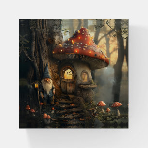 Gnome and mushroom house design paperweight
