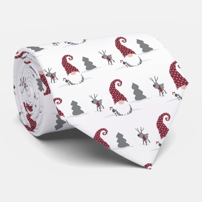 Gnome and Reindeer Scandinavian Tomte design Neck Tie (Rolled)
